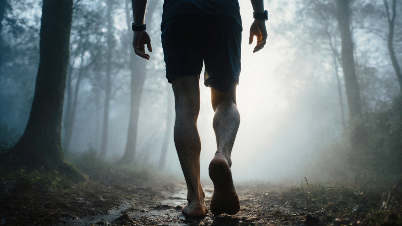 Мужчина босиком гуляет по лесу на рассвете, ни трекера, ни одежды для тренировок — только тишина и туман.