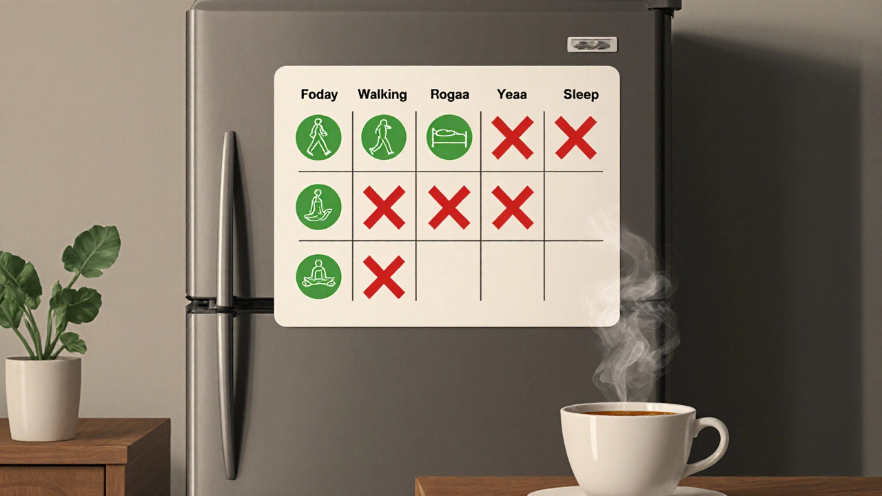 Расписание тренировок на холодильнике: три дня отдыха выделены зеленым, силовые тренировки зачеркнуты красным.