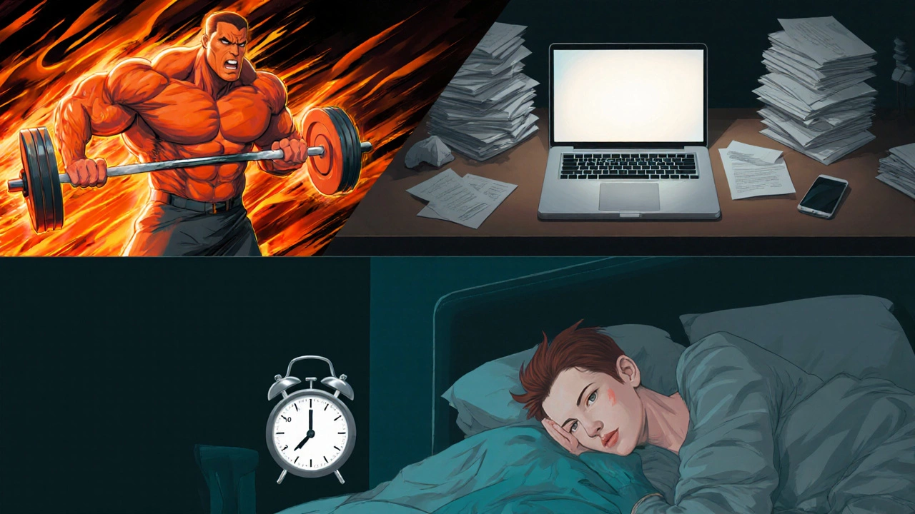 Сцена, показывающая интенсивные силовые упражнения рядом с офисным столом и плохим сном.
