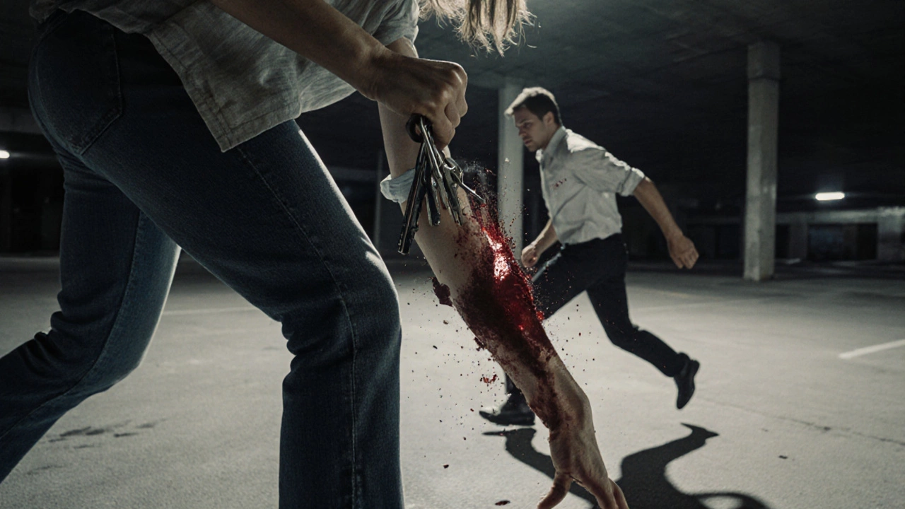 Женщина использует ключи, чтобы поразить бедренную артерию нападающего на парковке.