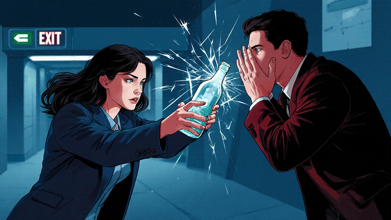 Женщина разбивает бутылку и атакует глаза нападающего у входа в метро.