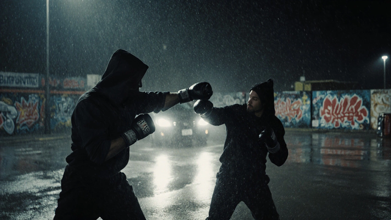 Боксёр уклоняется от удара и контратакует в тёмном паркинге, дождь и свет фар создают драматичную атмосферу.