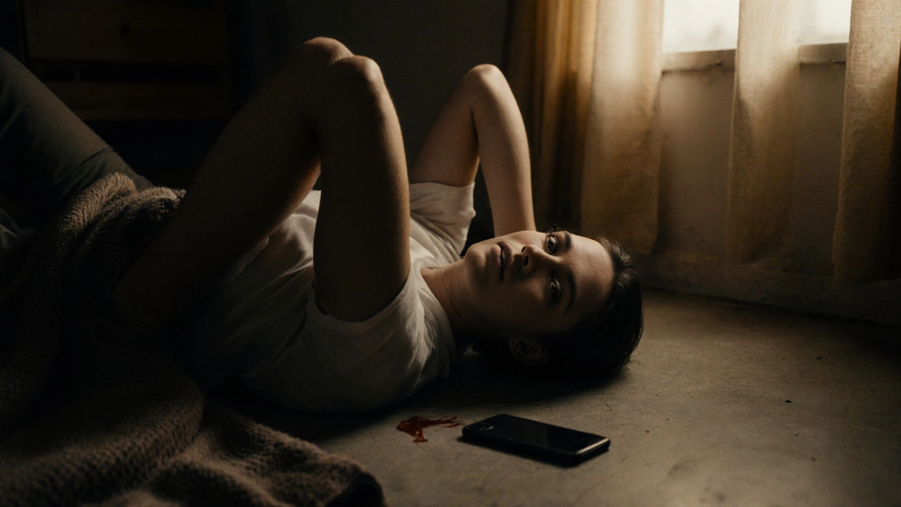 Человек лежит на спине, колени согнуты, глаза стеклянные, рука тянется к телефону, покрытый одеялом, тихая агония в тусклом свете.
