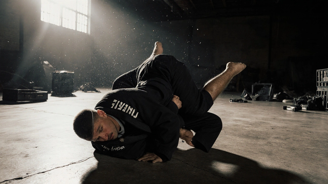 Два борца на бетонном полу, один применяет удушающий приём, сильный противник пытается вырваться.