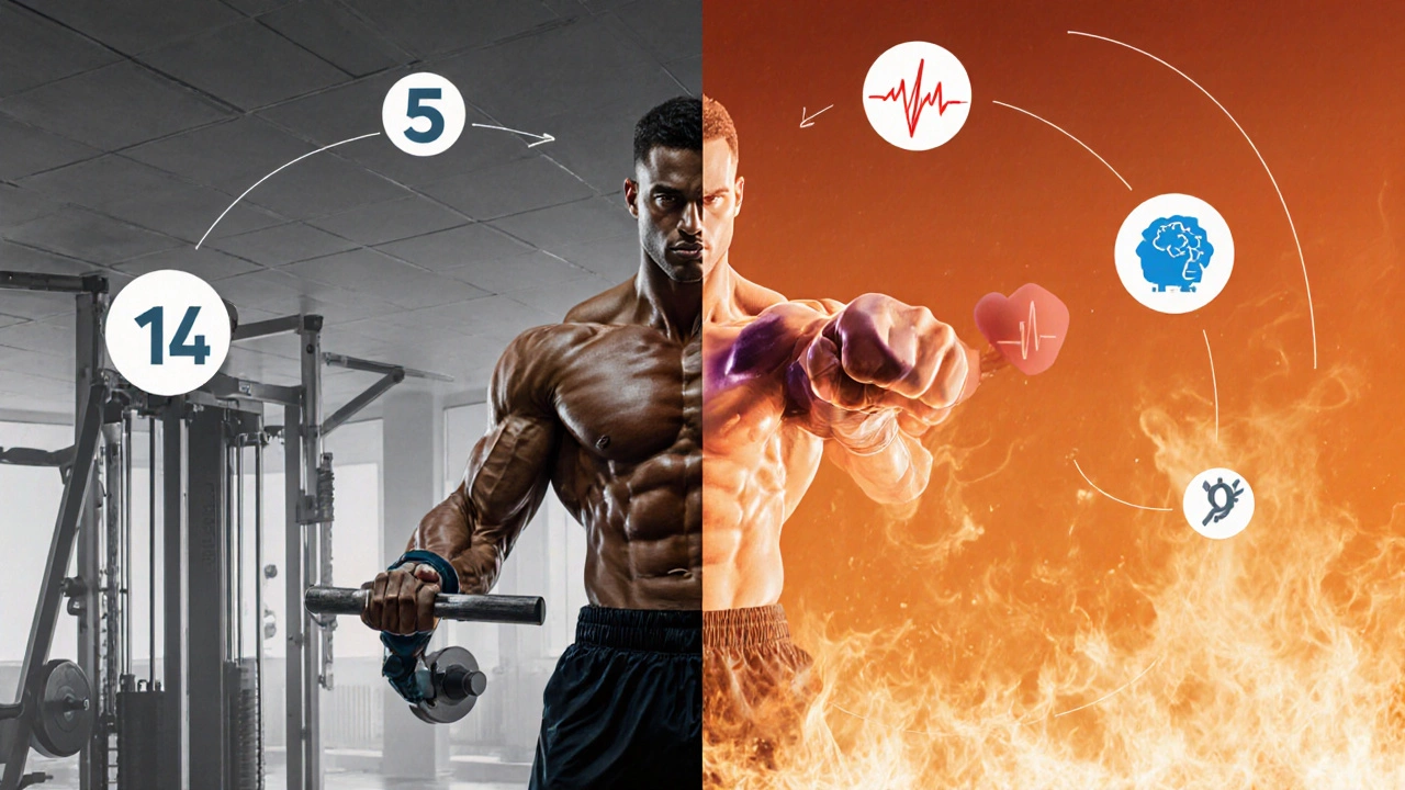 Два образа одного человека: один поднимает штангу в зале, другой наносит удар в боксе, вокруг — символы выносливости и сжигания жира.