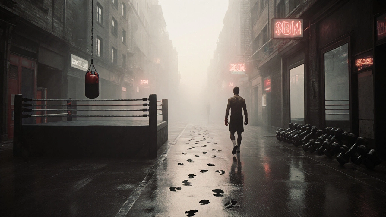 Две дороги в тумане: одна ведёт к боксёрскому мешку, другая — к тренажёрам, следы на мокрой земле указывают на выбор.