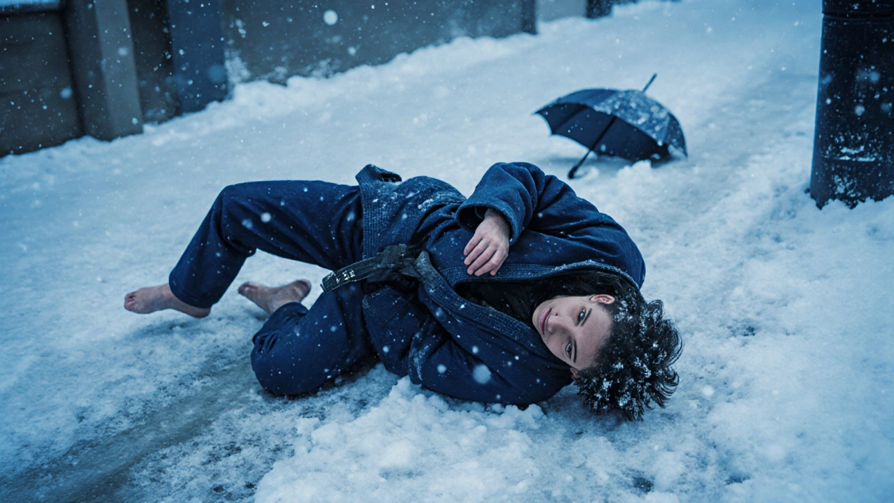 Дзюдоист учится падать на снежном тротуаре в Санкт-Петербурге, спокойно и без страха.