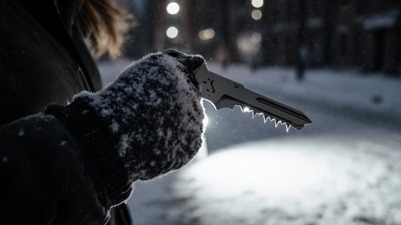 Кулак женщины сжимает стальной ключ с выступами, свет фонарика падает на лёд, позади — тёмные здания.