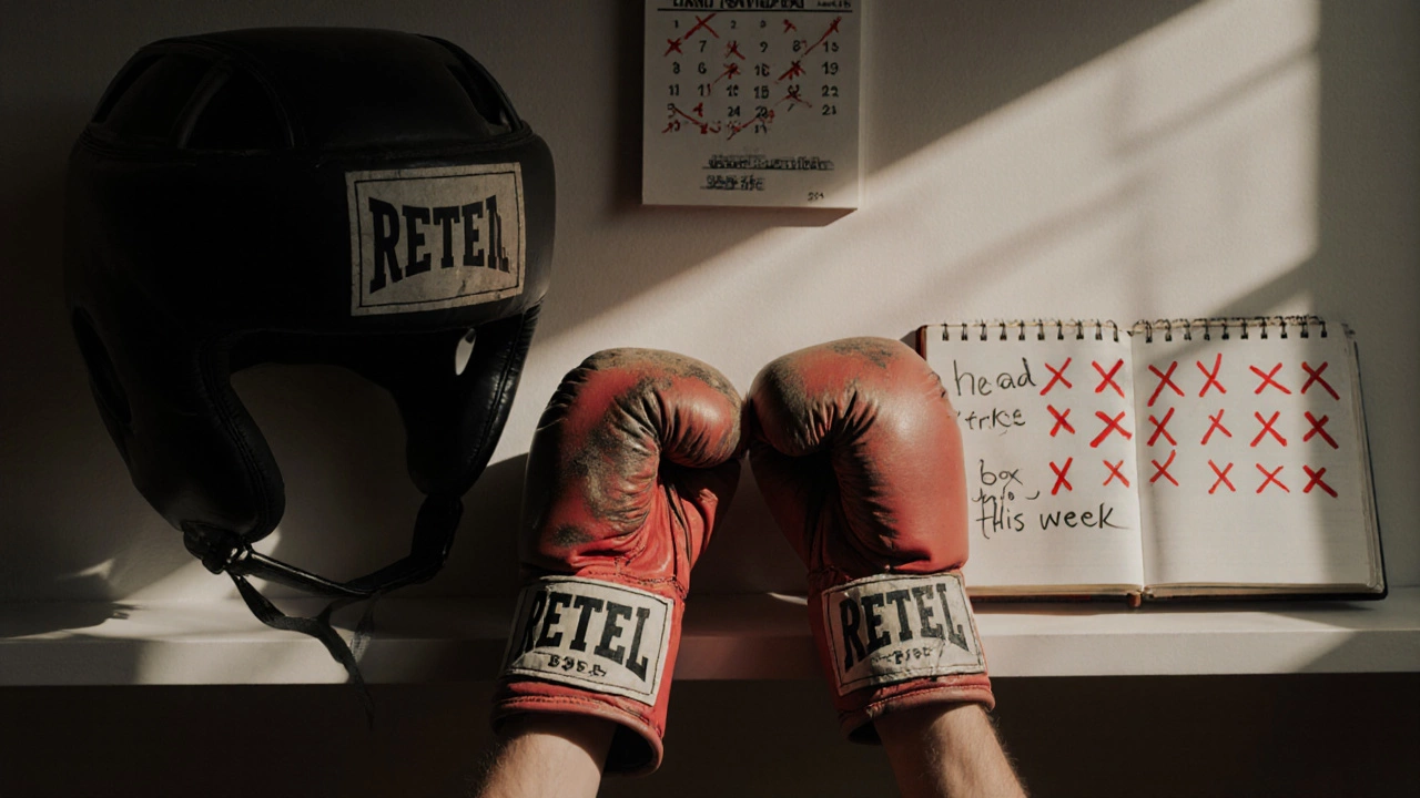 На полке лежат боксерские перчатки и сертифицированный шлем, рядом дневник с записями ударов.