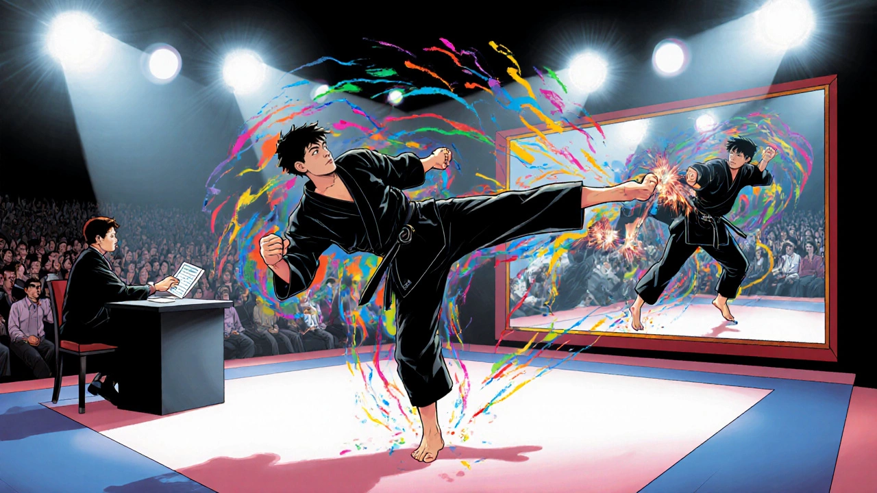 Подросток в чёрном тхэквондо-кимоно наносит вращающийся удар на сцене соревнований.