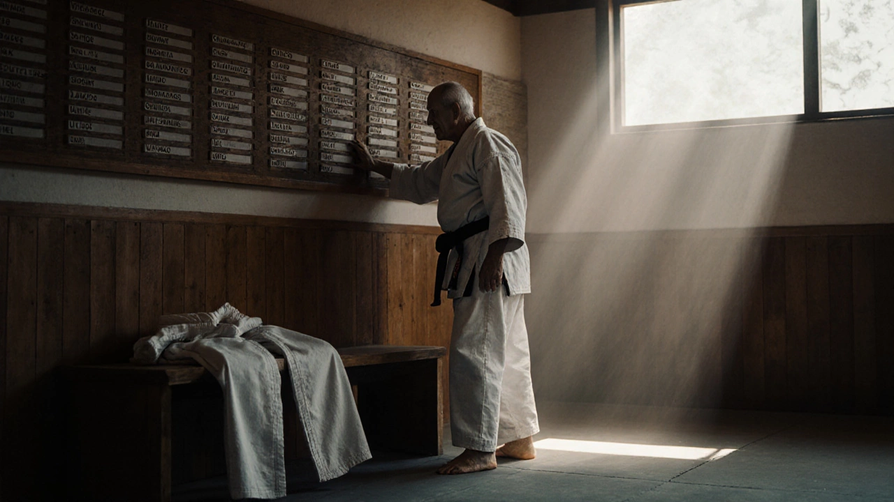 Пожилой мужчина прикасается к стене в пустом додзё, рядом сложено кимоно — следы прошлой дисциплины.