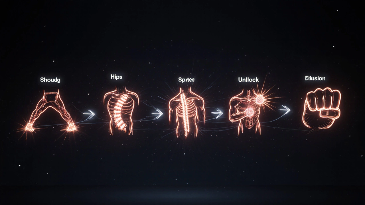 Схема движения удара в боксе: энергия идёт от ног к кулаку, бицепс — пассивный.