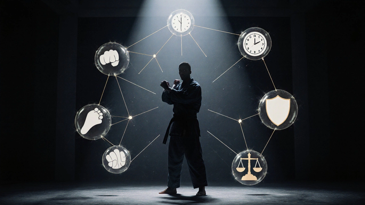 Силуэт бойца в тёмном зале, вокруг него — прозрачные символы правил боевых видов спорта, соединённые золотыми нитями.