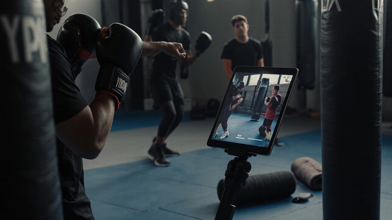 Тренер анализирует с учеником замедленное видео боя, чтобы исправить технику удара.