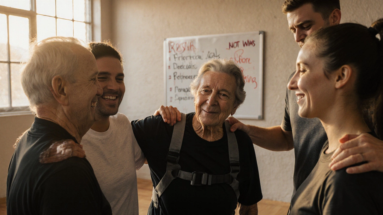 Тренер обнимает группу учеников разных возрастов после тренировки, все улыбаются с чувством достижения.