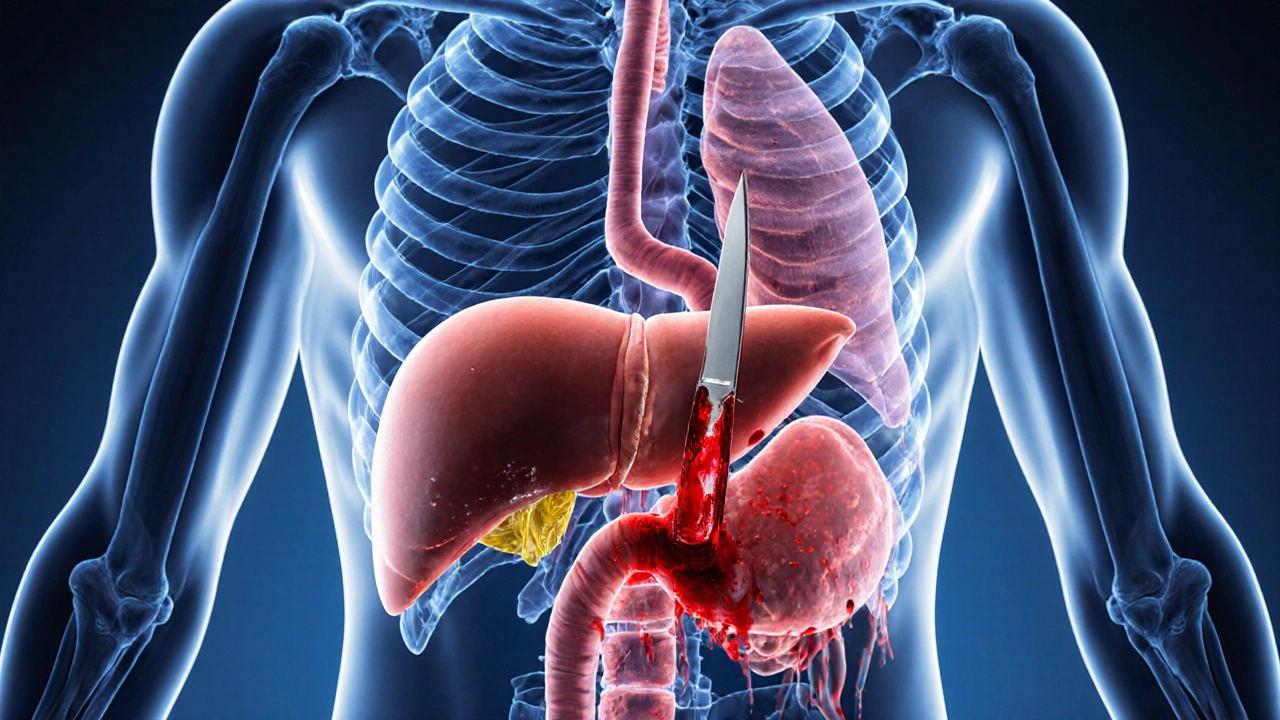 Внутреннее анатомическое изображение печени с ножом, кровь собирается в брюшной полости, диафрагма сдавлена, акцент на кровотечении.