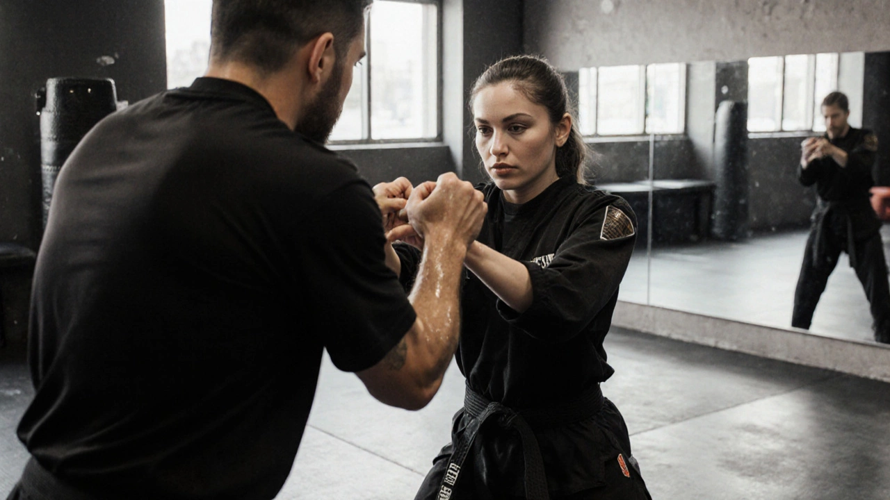 Женщина на тренировке по самообороне, инструктор показывает приём, вокруг — зеркала и маты, атмосфера сосредоточенности.