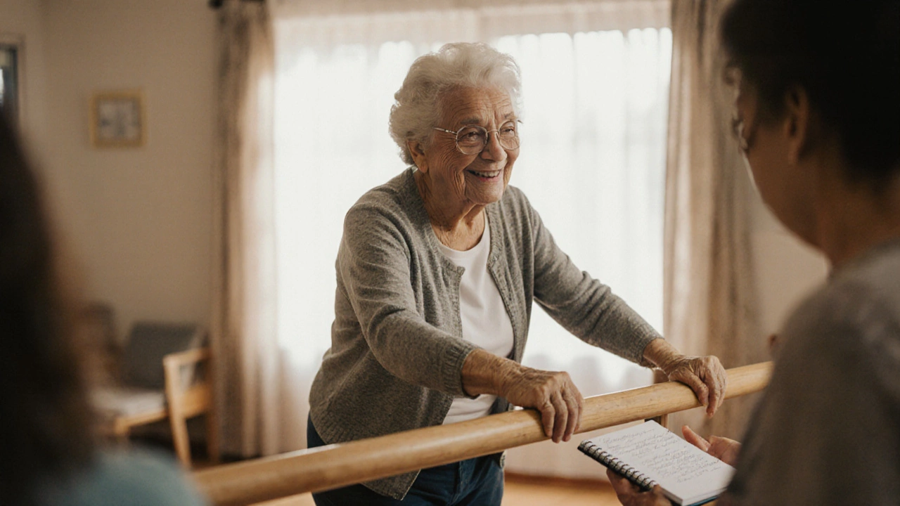 Женщина удерживает равновесие на одной ноге в центре, уверенная осанка, естественное освещение и повседневная одежда.