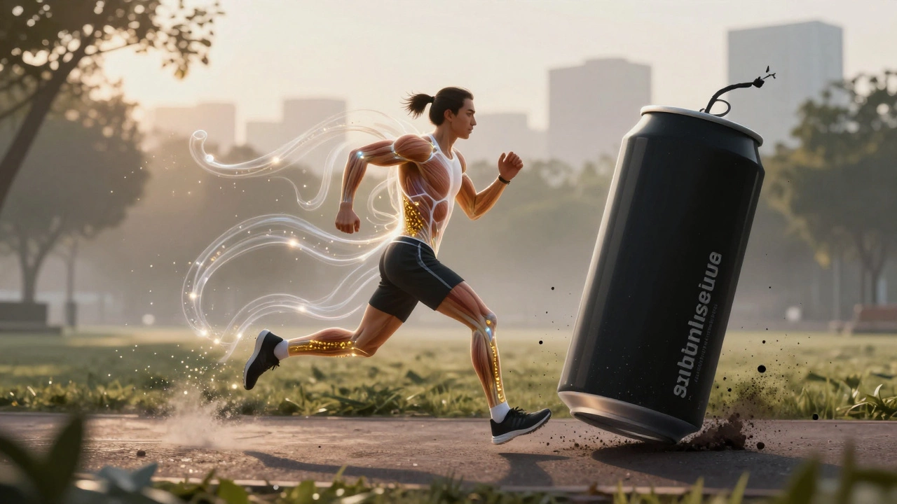 Бегун в рассвете с потоком электролитов в теле, рядом разрушающийся энергетик.