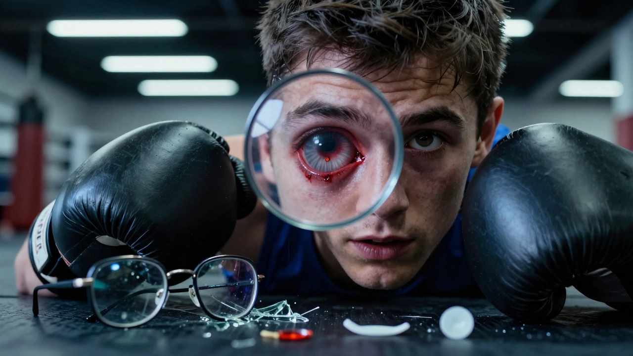 Боксер с поврежденным глазом, внутреннее кровоизлияние видно через увеличение, разбитые очки на полу.