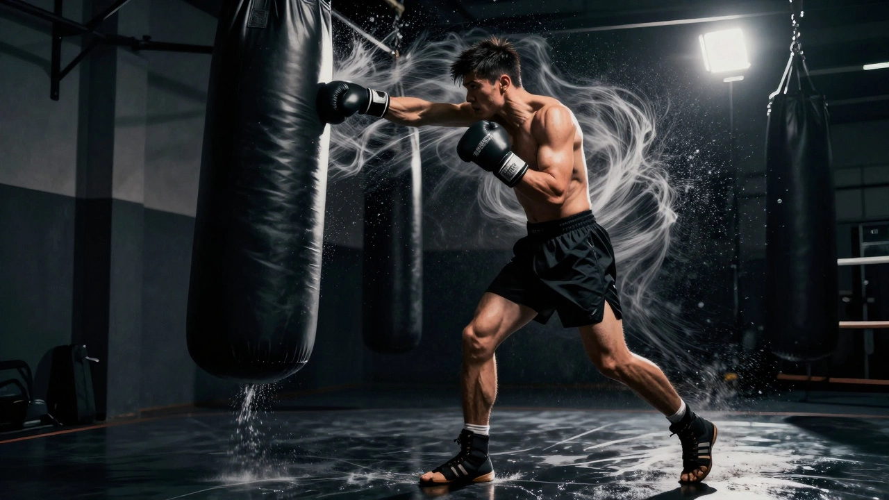 Боксер в полном движении наносит мощный удар, мешок отлетает с брызгами воды.