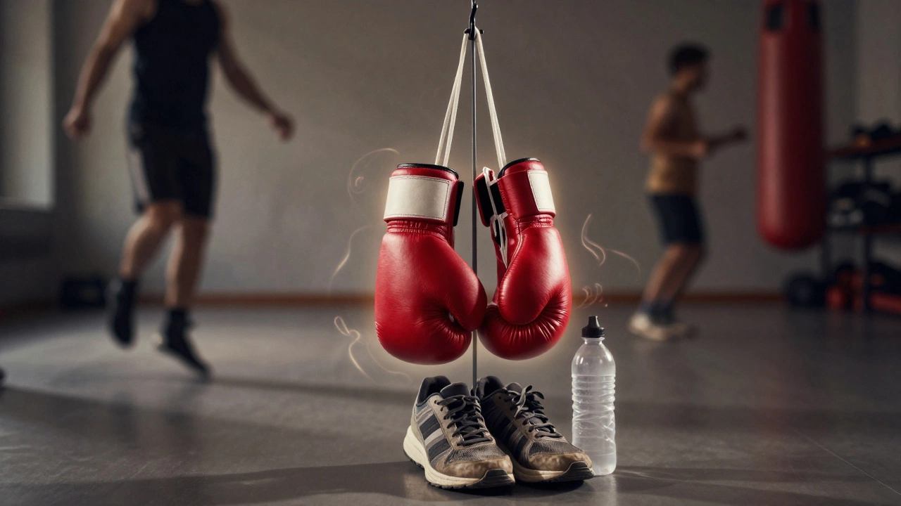 Боксерские перчатки и кроссовки на крючке, вокруг — следы энергии тренировок.