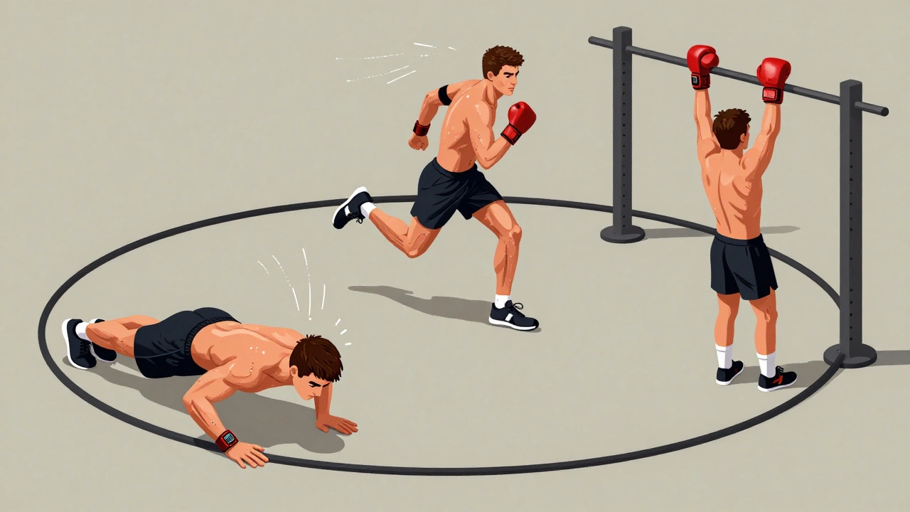 Циклическая тренировка: отжимания, выпады и подтягивания в динамичной последовательности.