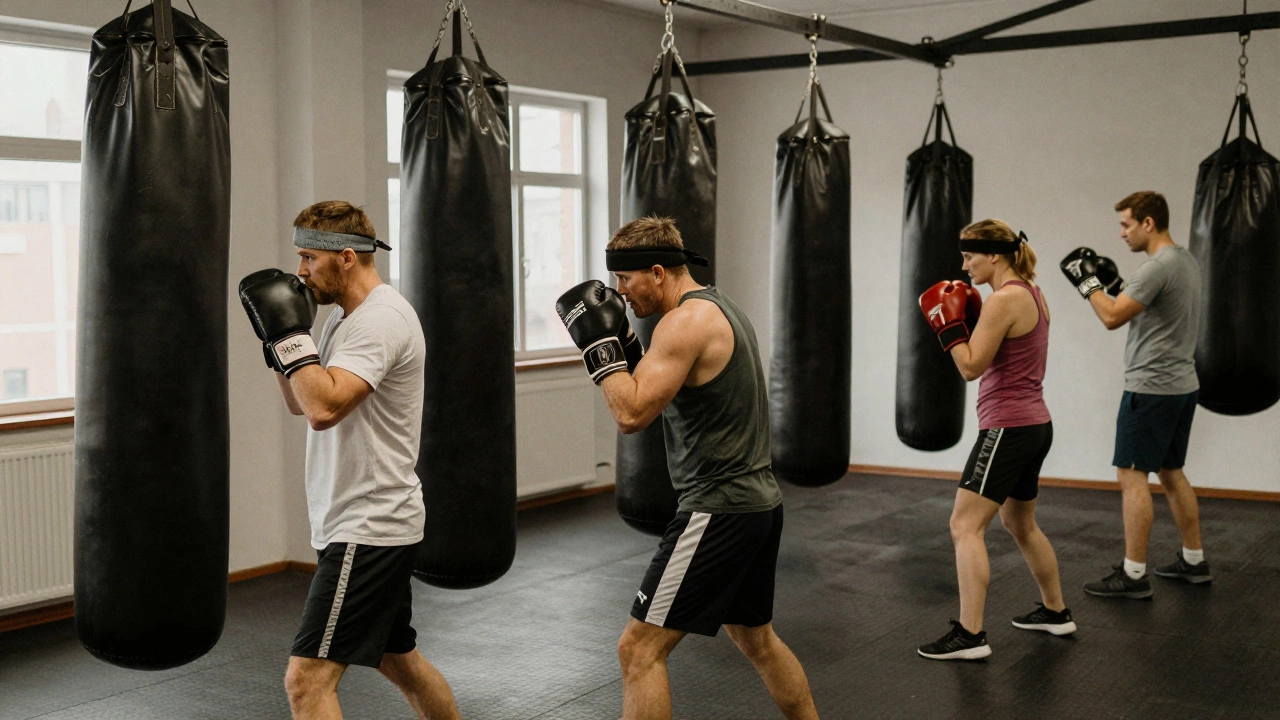 Группа взрослых людей тренируется в боксерском зале, сосредоточенные и спокойные.