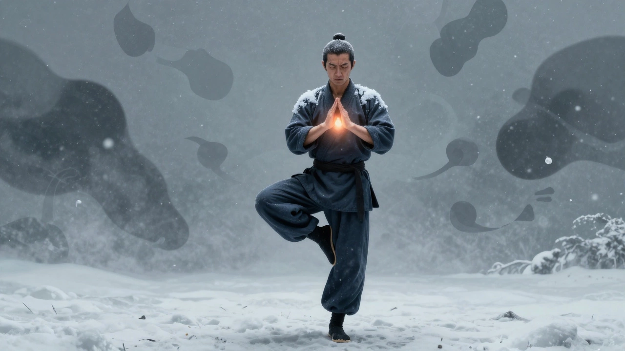 Кунг-фу: мастер стоит в снегу в статичной позе, тело дрожит, снег покрывает плечи — внутренняя сила через терпение.