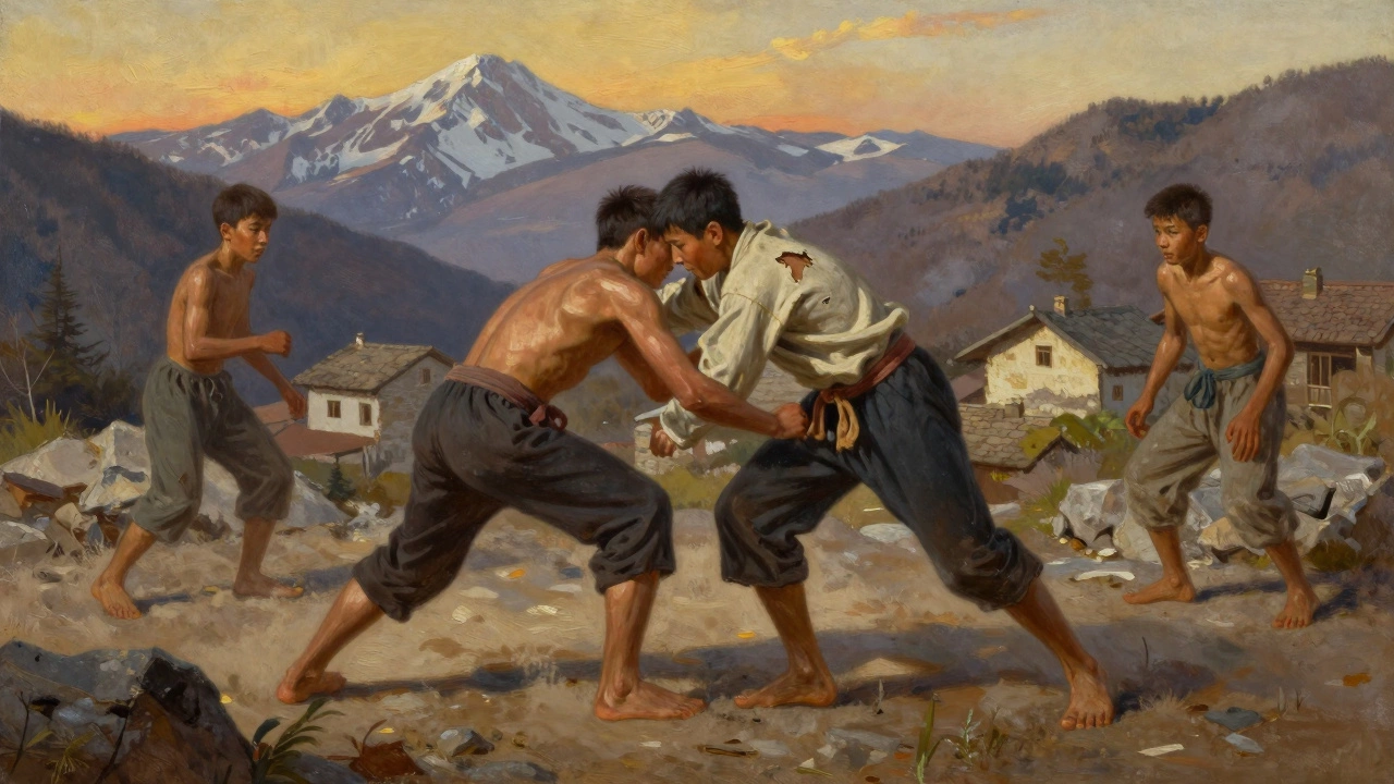 Мальчики в горах Грузии борются на камнях на закате, без ковриков, только природа и борьба.