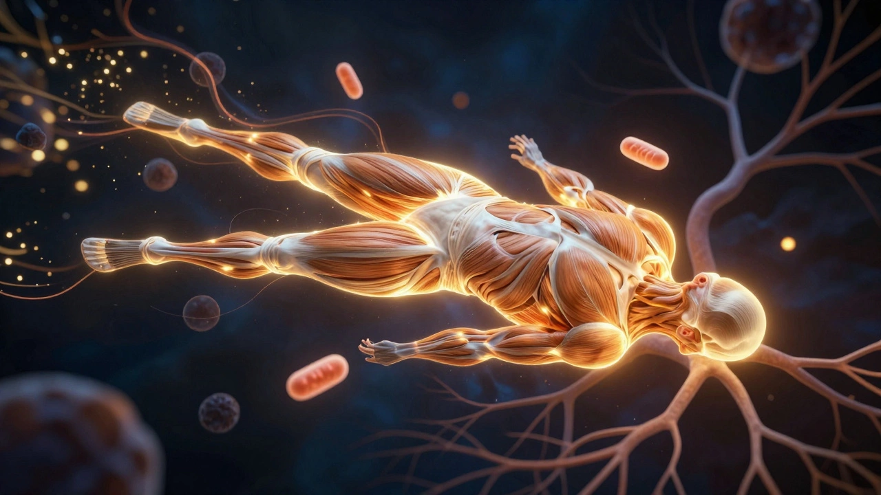 Микроскопическое изображение мышечных волокон с активными митохондриями и кислородом.