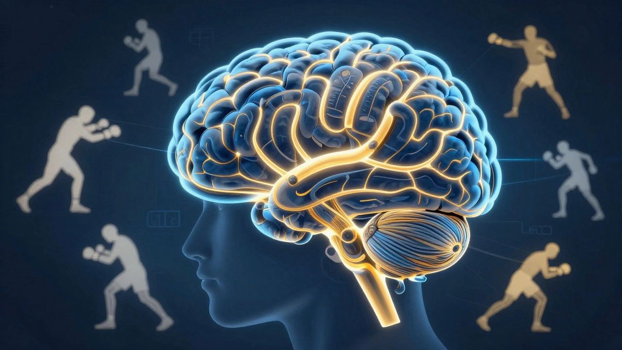 Мозг с активными нейронными путями, связанными с боксерскими движениями.