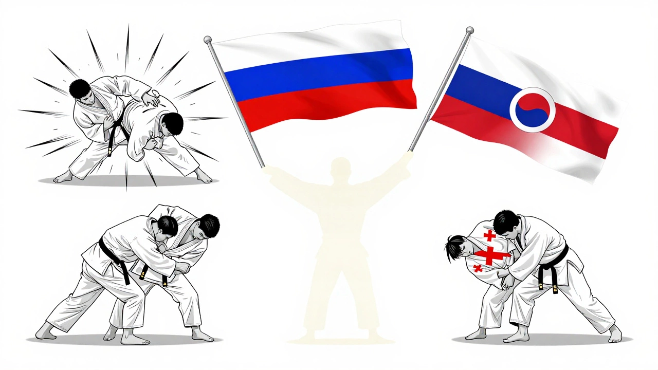 Пять национальных стилей дзюдо сливаются в один силуэт, каждый — своим уникальным приемом.