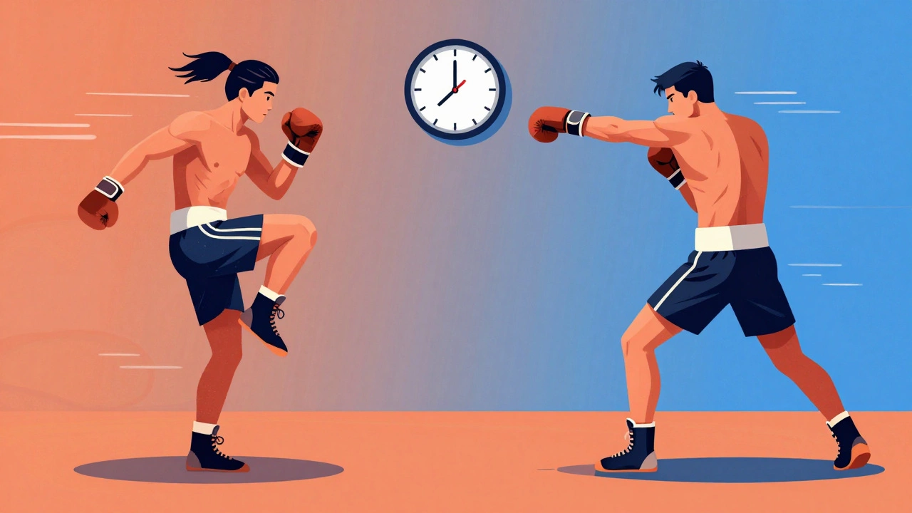 Разделённая сцена: разминка слева, удар справа, по центру часы, показывающие 30 минут, только движение и энергия.