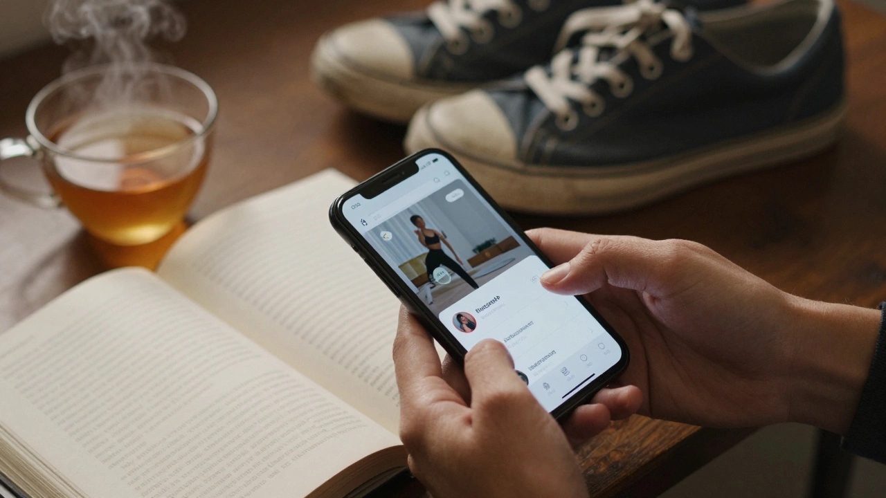 Рука выключает телефон с приложениями для фитнеса, рядом книга и чашка чая, обувь лежит рядом.