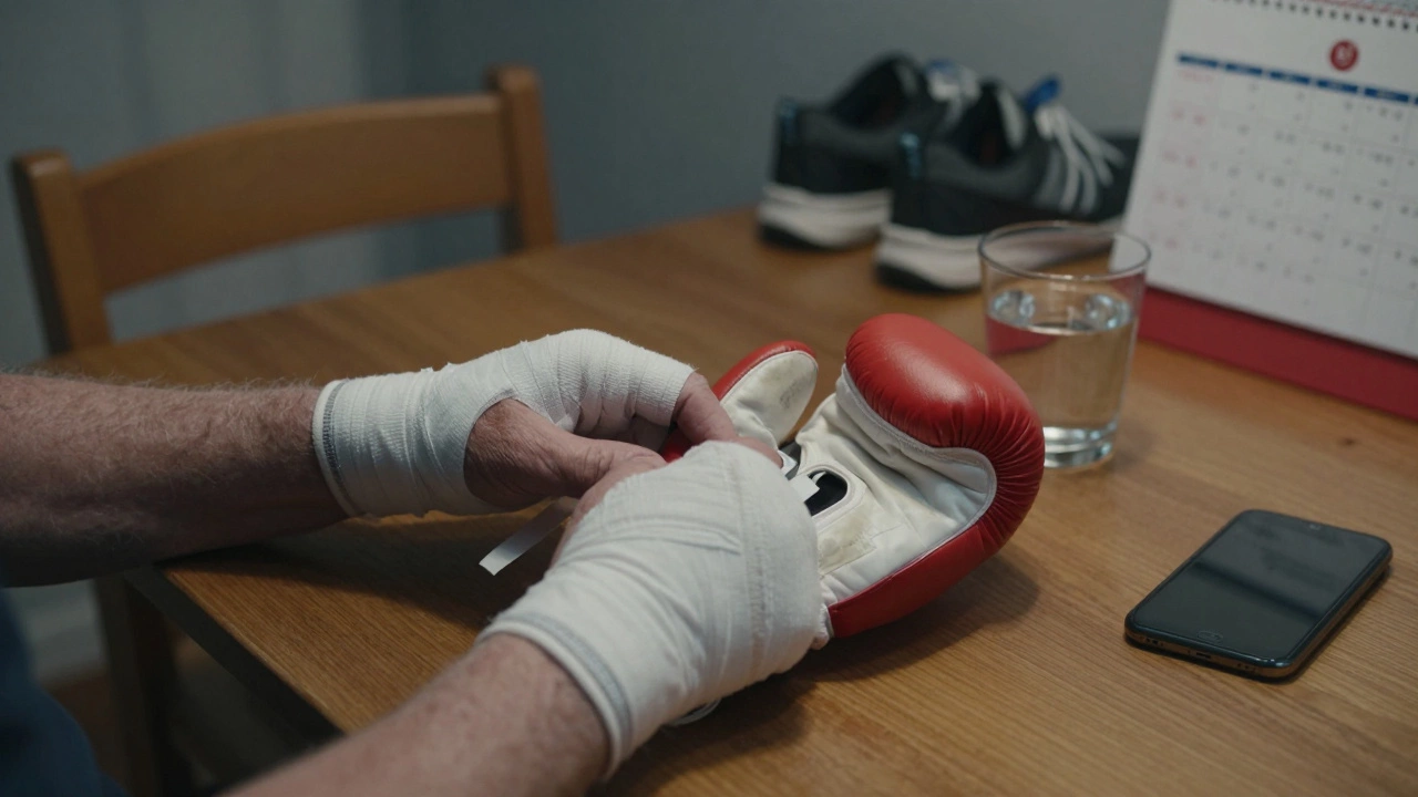 Руки заворачивают бинты вокруг старых боксерских перчаток на фоне домашнего интерьера.