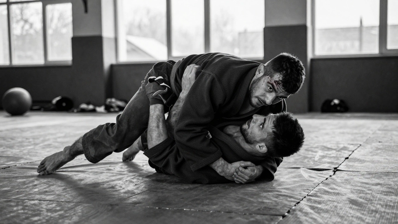 Самбо: борец поднимается после падения на асфальт, лицо в крови, взгляд полон решимости.