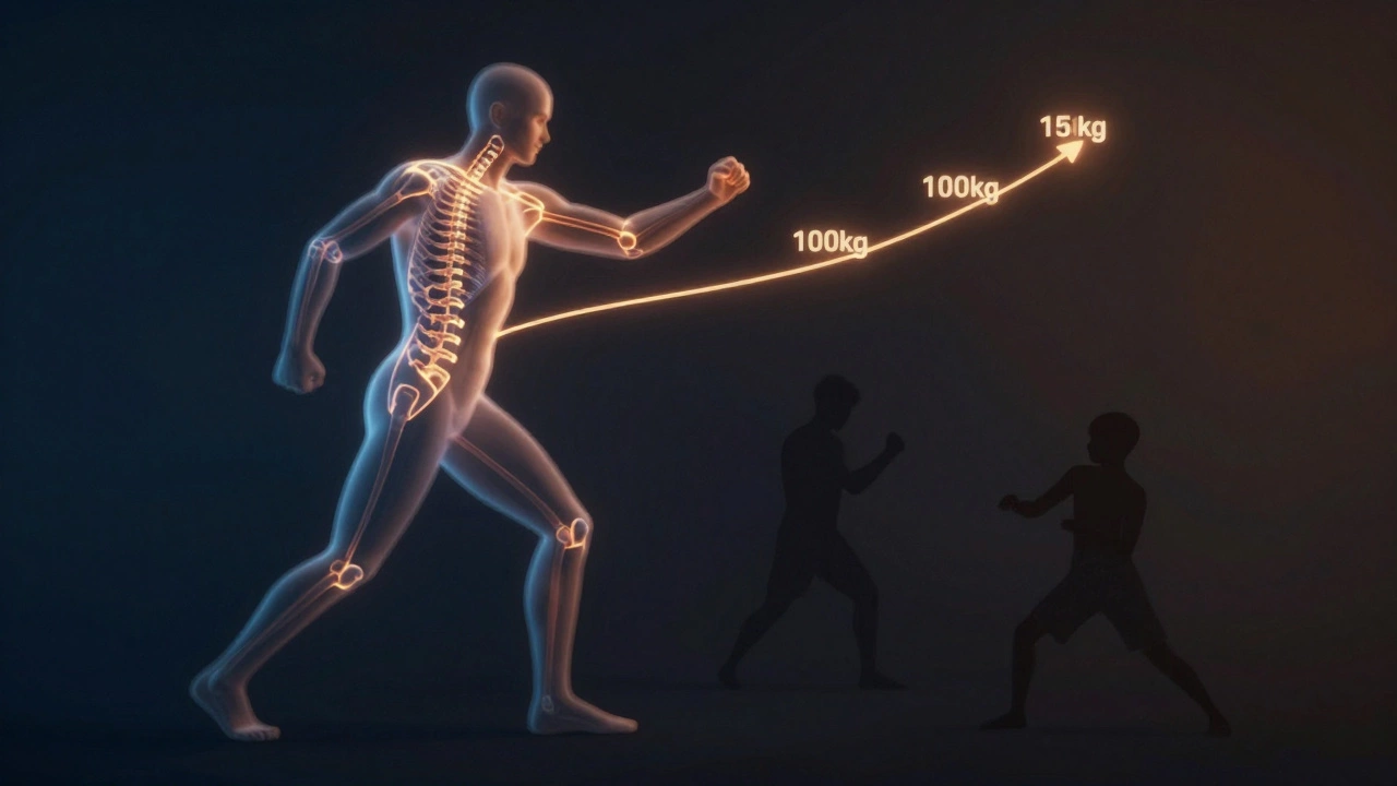 Схема тела с потоками энергии, показывающая, как сила передается от ног к кулаку.