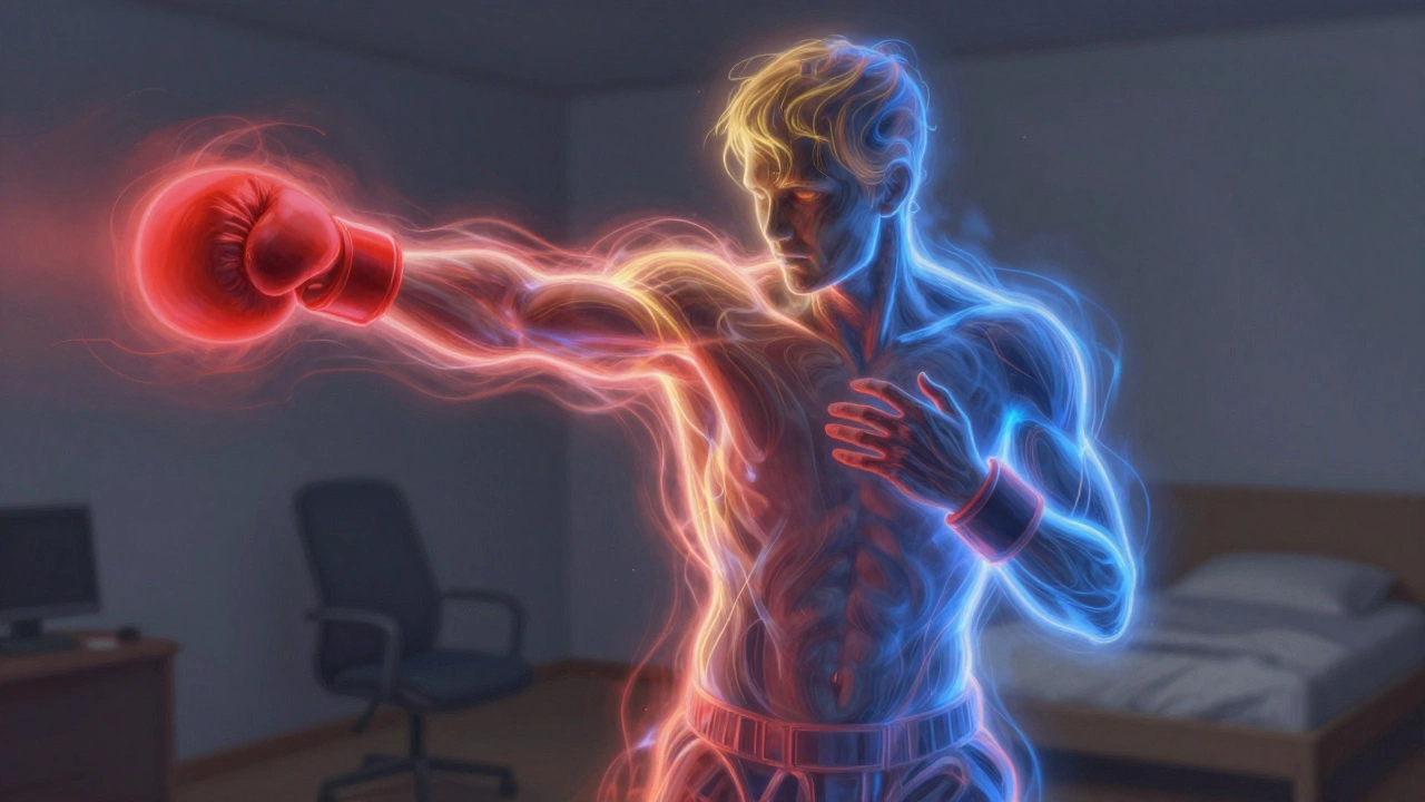 Силуэт человека, наполненный энергетическими потоками, символизирующими сжигание жира, стресса и ясность ума.