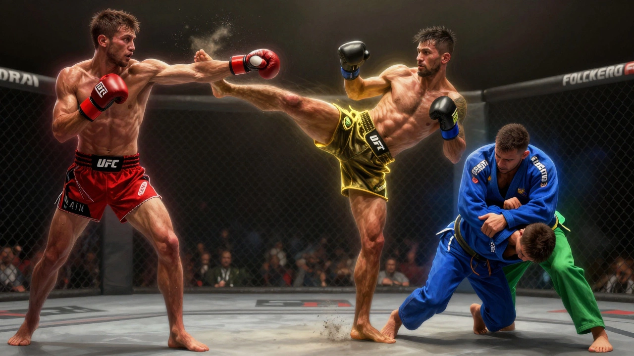 Боец ММА в движении сочетает удары, захваты и борьбу, вокруг — арена UFC, дым поднимается от пола.