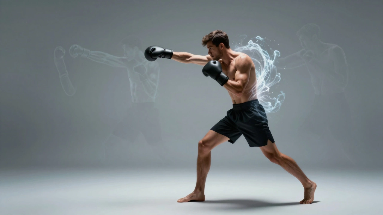 Боксер в идеальном ударе, за ним исчезающие ошибки прошлого.