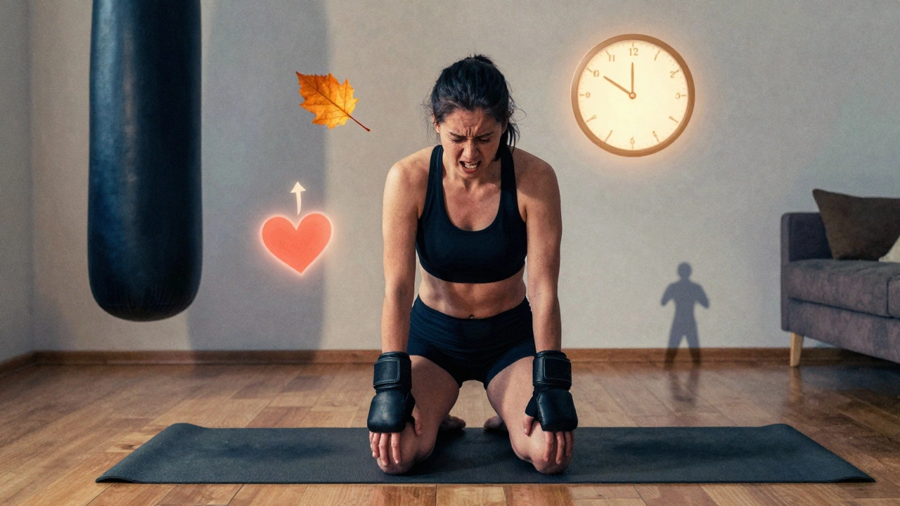 Человек после тренировки, дышит тяжело, вокруг — символы стресса, энергии и времени на закате.