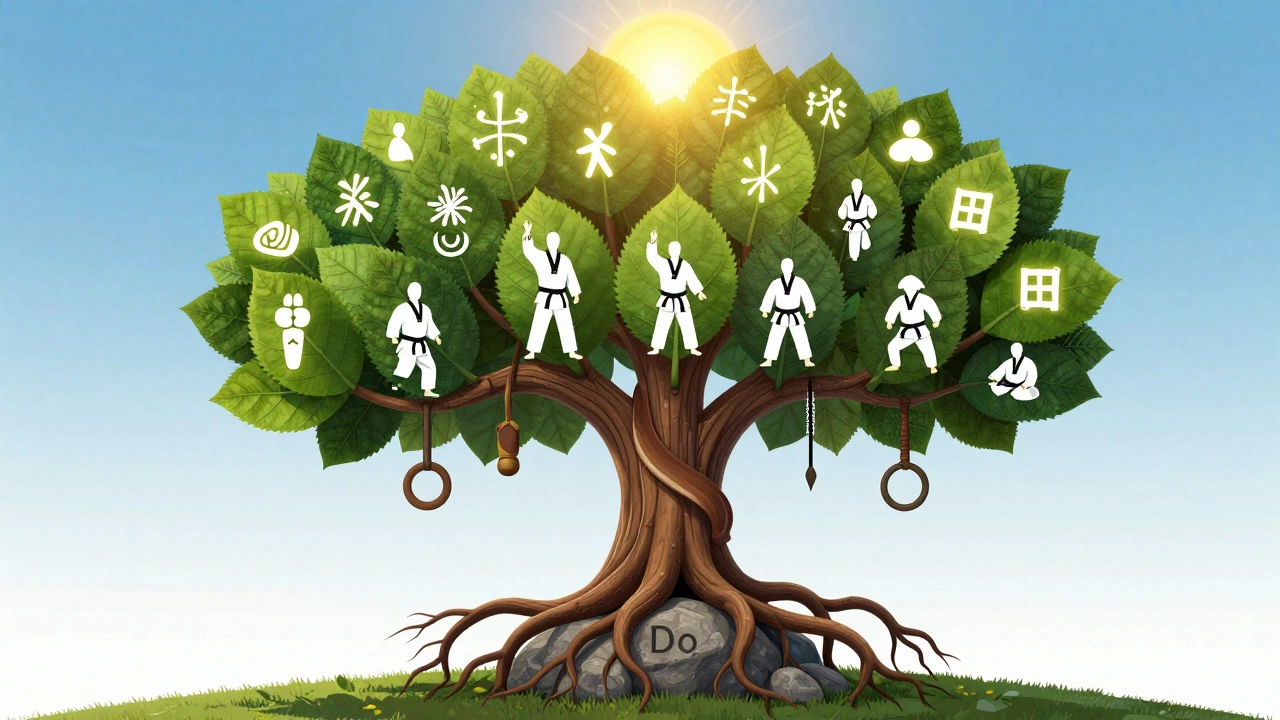 Дерево с корнями в виде символов боевых искусств и листьями, представляющими разные стили.