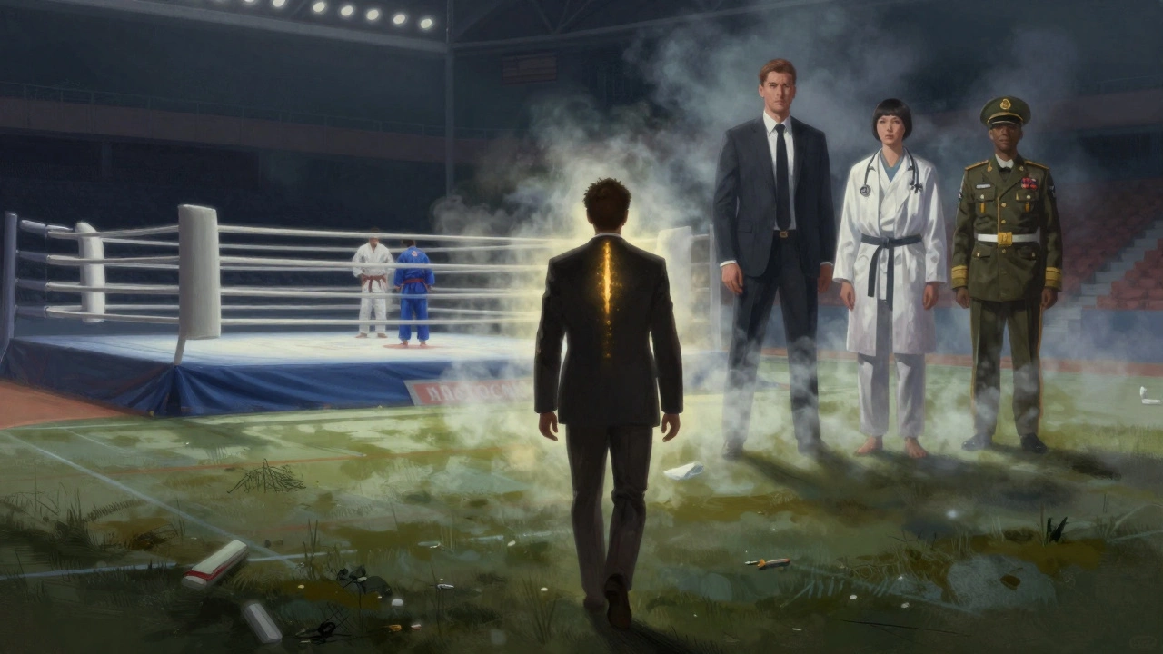 Фигура уходит от спортивного зала, её силуэт светится — за ней исчезают образы боевых видов спорта.