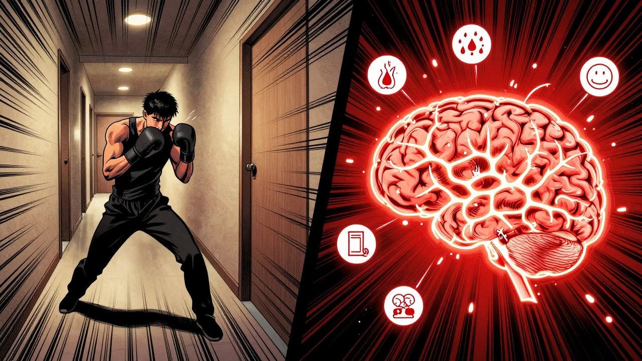 Комикс-стиль: человек бьёт в воздух в коридоре, в голове — активные нейронные пути и символы стресса.