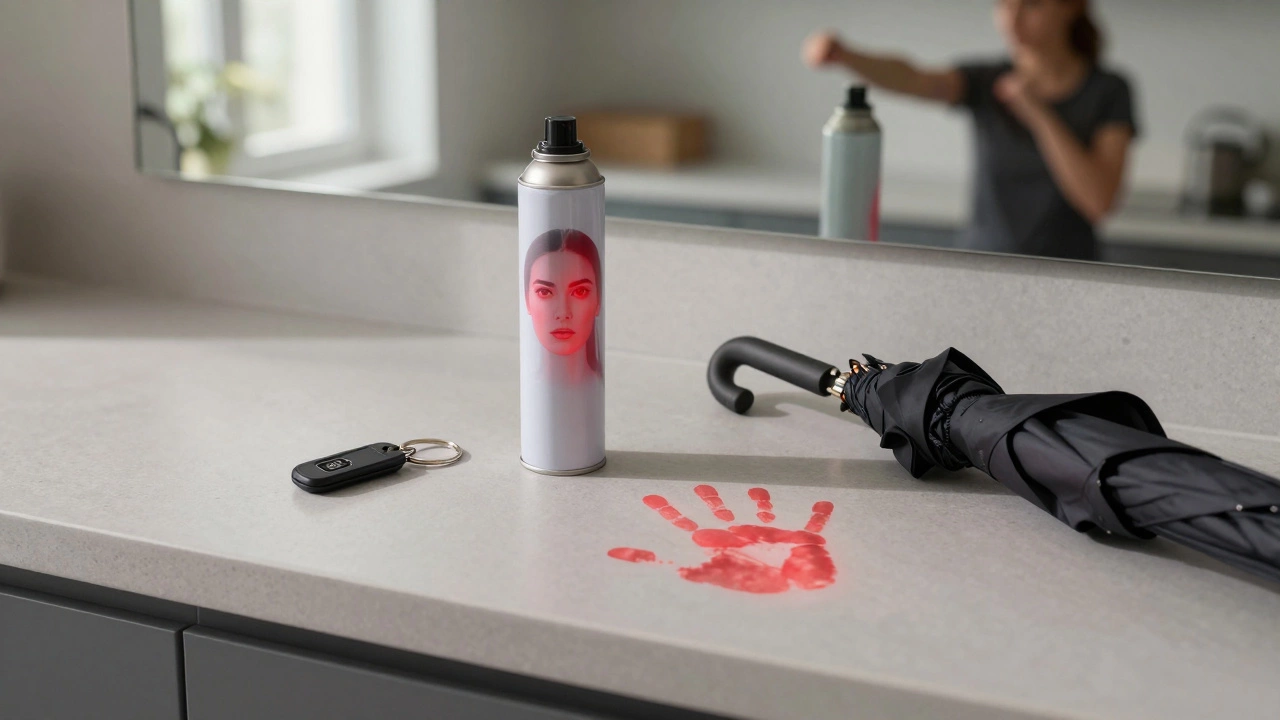 На столе лежат ключи, дезодорант и зонт — повседневные предметы для самообороны.