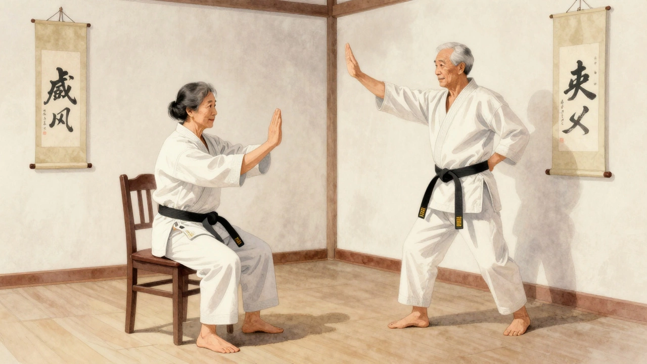 Пара пожилых людей занимается каратэ с использованием стульев для поддержки.