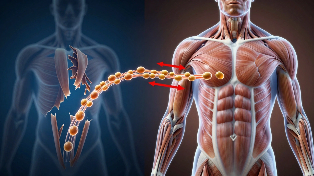 Прозрачное изображение мышц с потоком аминокислот, снижающих разрушение.