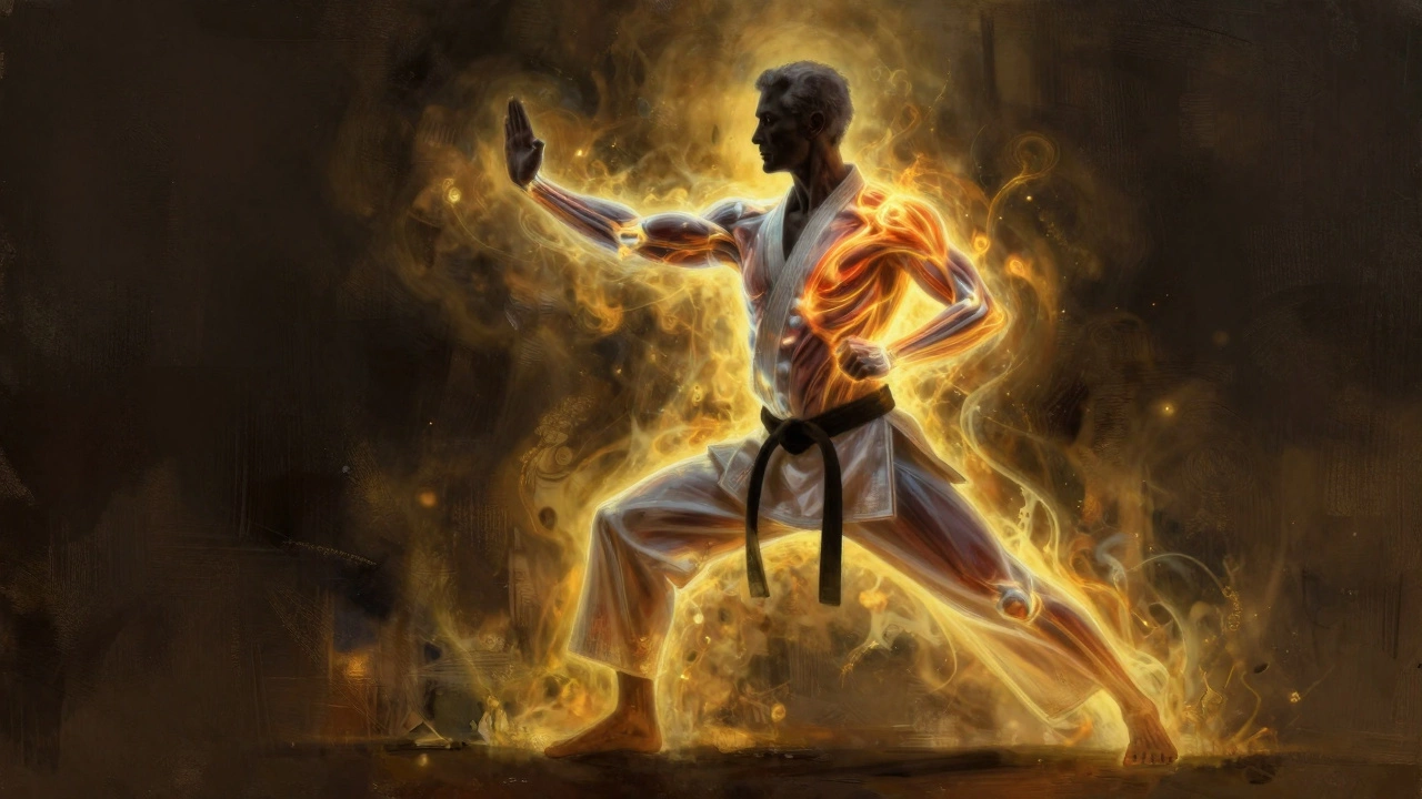 Силуэт человека в возрасте 48, одна половина тела — в энергии каратэ, другая — в возрастных изменениях.