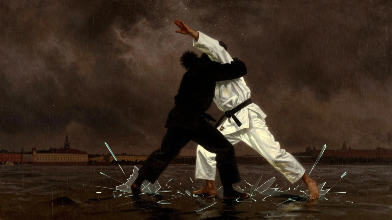 Силуэт дзюдоиста в момент броска на фоне бурного неба, капли дождя замерли в воздухе.